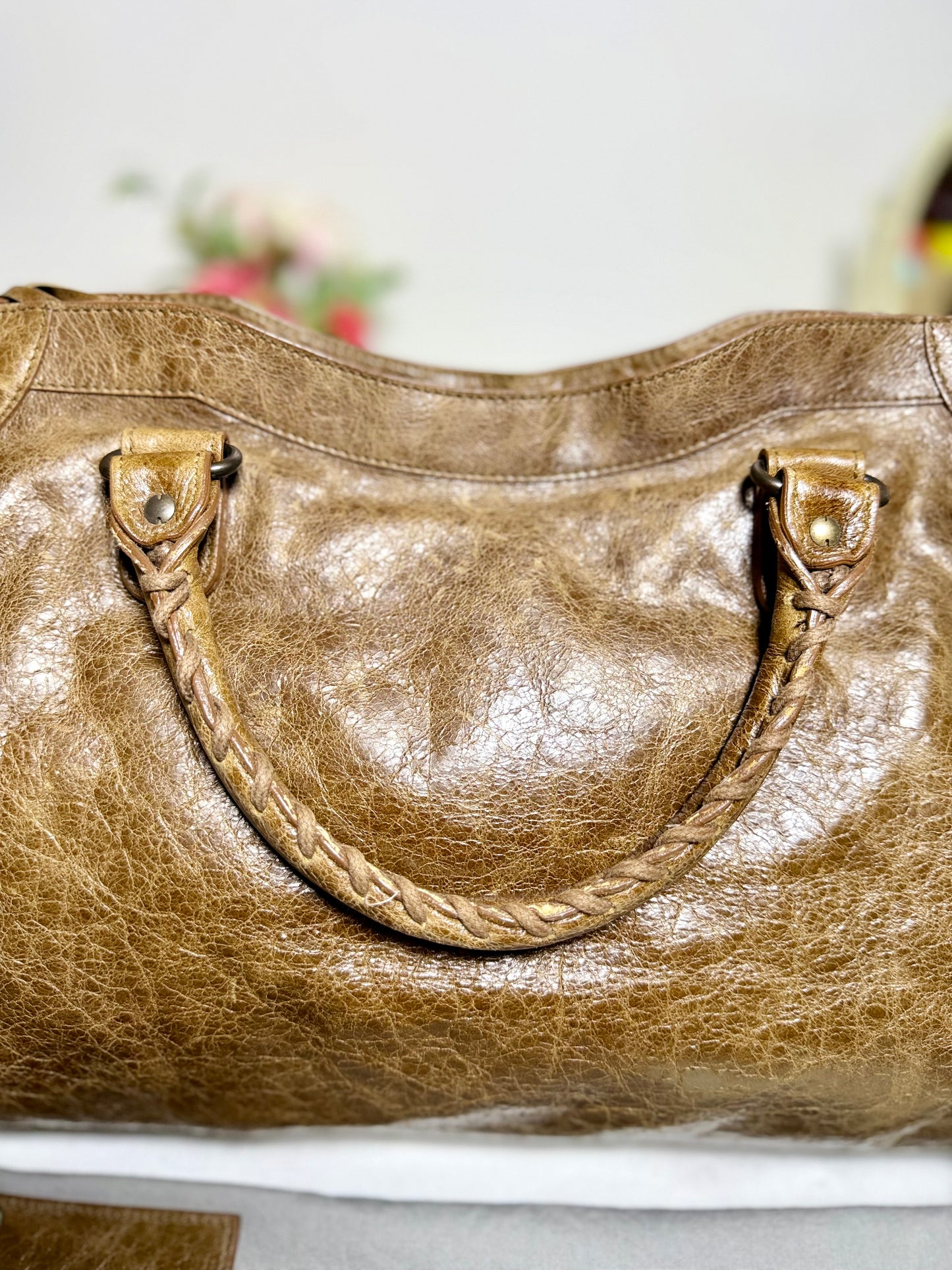 Authentic BALENCIAGA Motocross Classic City Glazed Brown Lambskin Leather Bag
