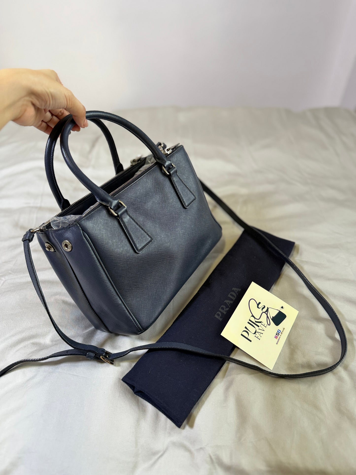 Authentic PRADA Saffiano Lux Galleria Navy Blue Mini Double Zip Tote Crossbody