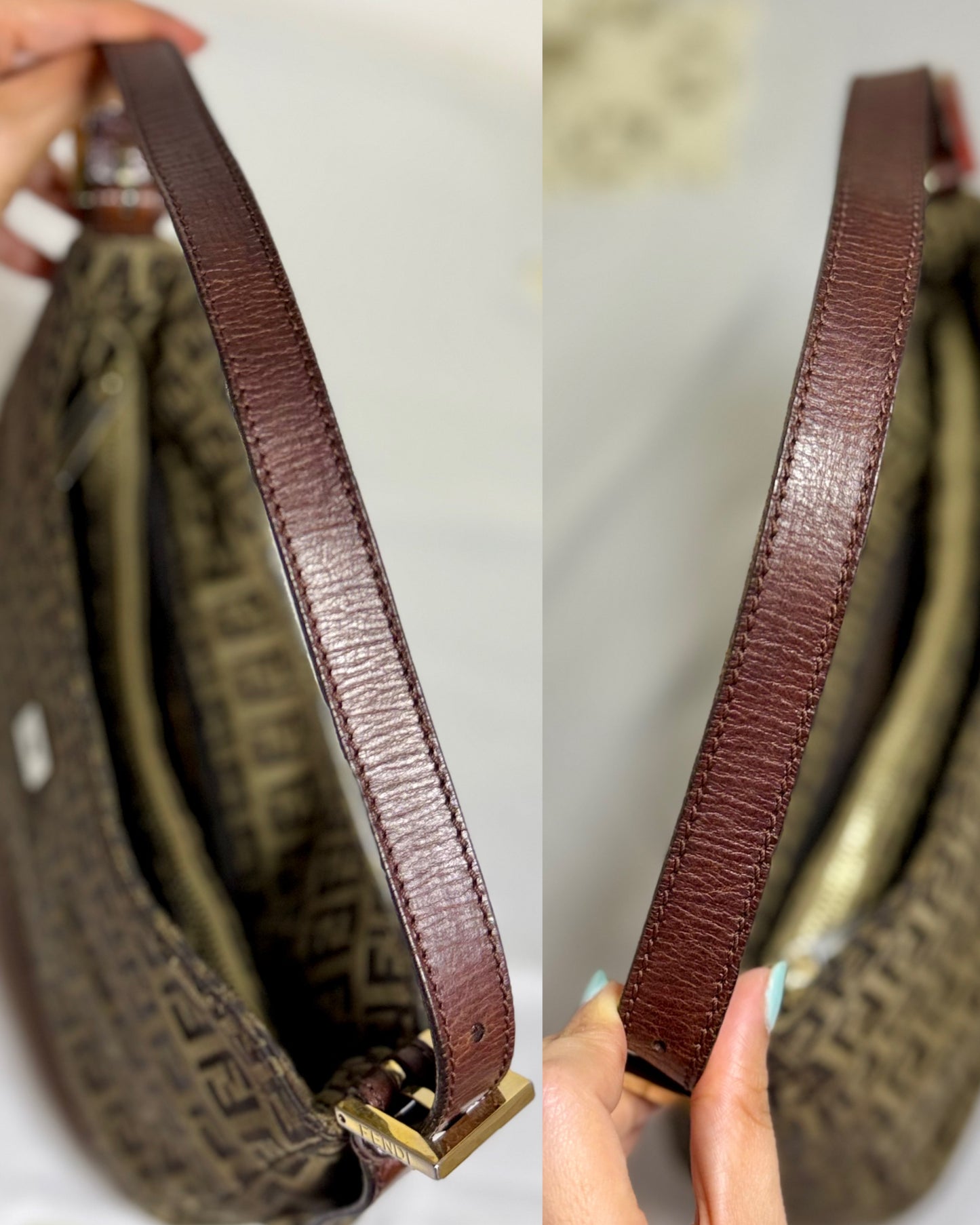 Authentic FENDI Beige / Brown Zucchino Canvas Hobo Trimmed Mamma Baguette Shoulder Bag