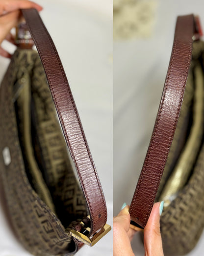 Authentic FENDI Beige / Brown Zucchino Canvas Hobo Trimmed Mamma Baguette Shoulder Bag