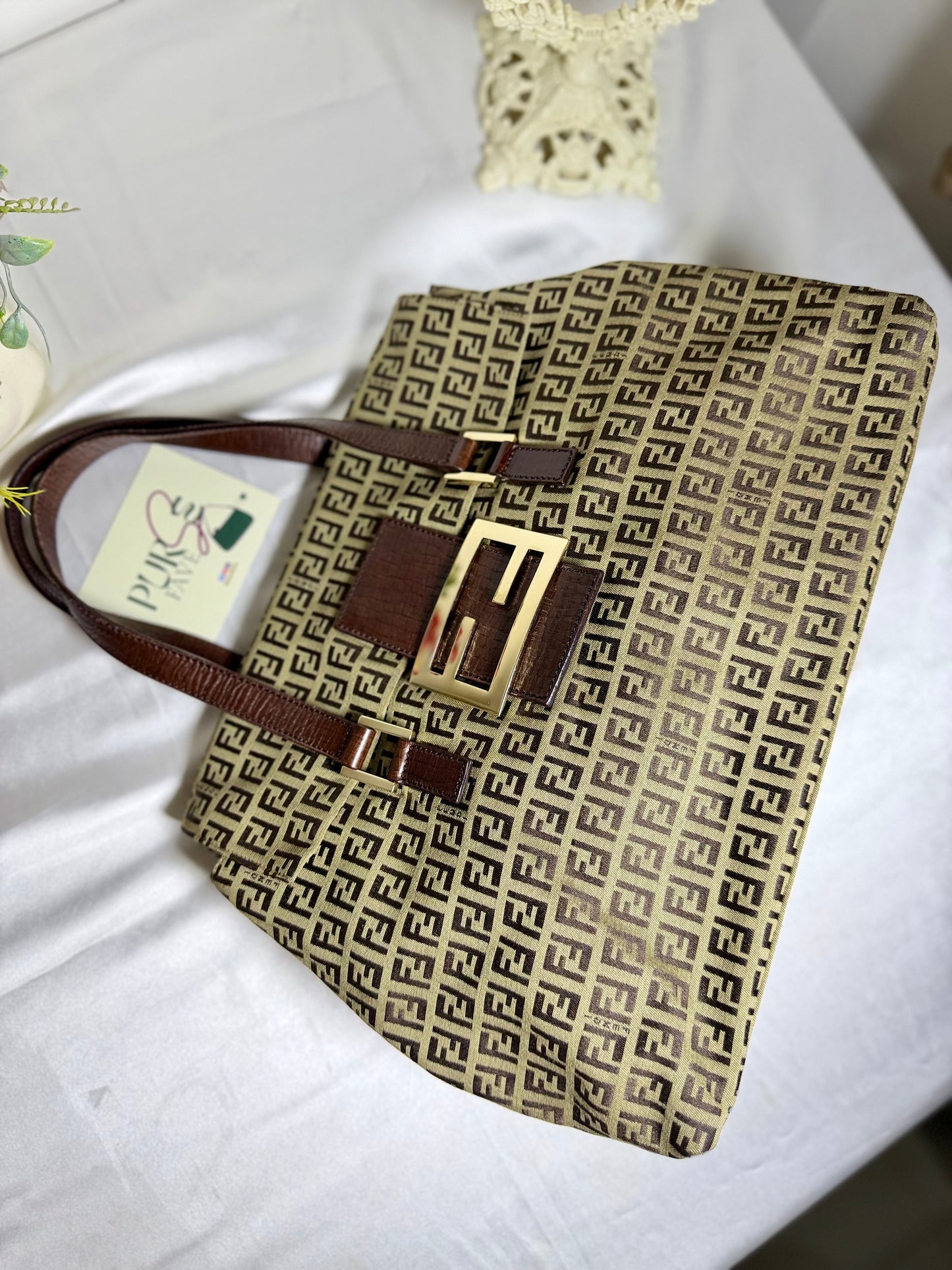 Authentic FENDI Beige / Brown Zucchino Canvas Accordion Large Shopper Tote Bag
