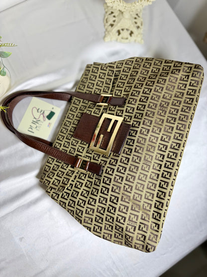 Authentic FENDI Beige / Brown Zucchino Canvas Accordion Large Shopper Tote Bag
