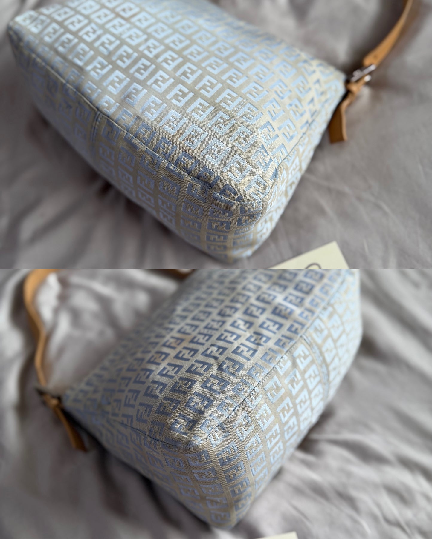 Authentic Vintage Fendi Light Blue Zucchino Canvas Mamma Baguette Shoulder Bag