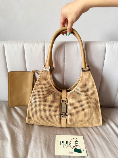 Authentic GUCCI Perforated Leather Jackie x Bardot Tan Hobo Shoulder Bag w/ Pouch (Rare/Limited)