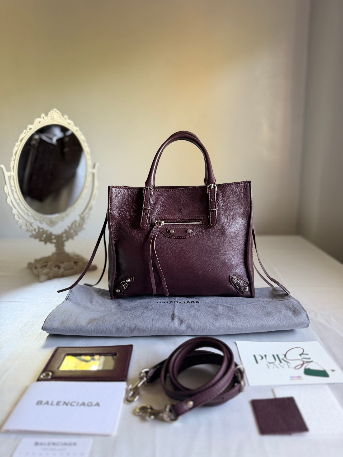 Authentic BALENCIAGA Burgundy Wine Calfskin Leather Mini Papier A4 Magnet Tote Bag