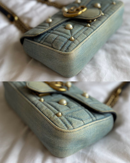 Authentic Gucci GG Marmont Matelassé Pearl Studded Blue Denim Shoulder Crossbody Bag