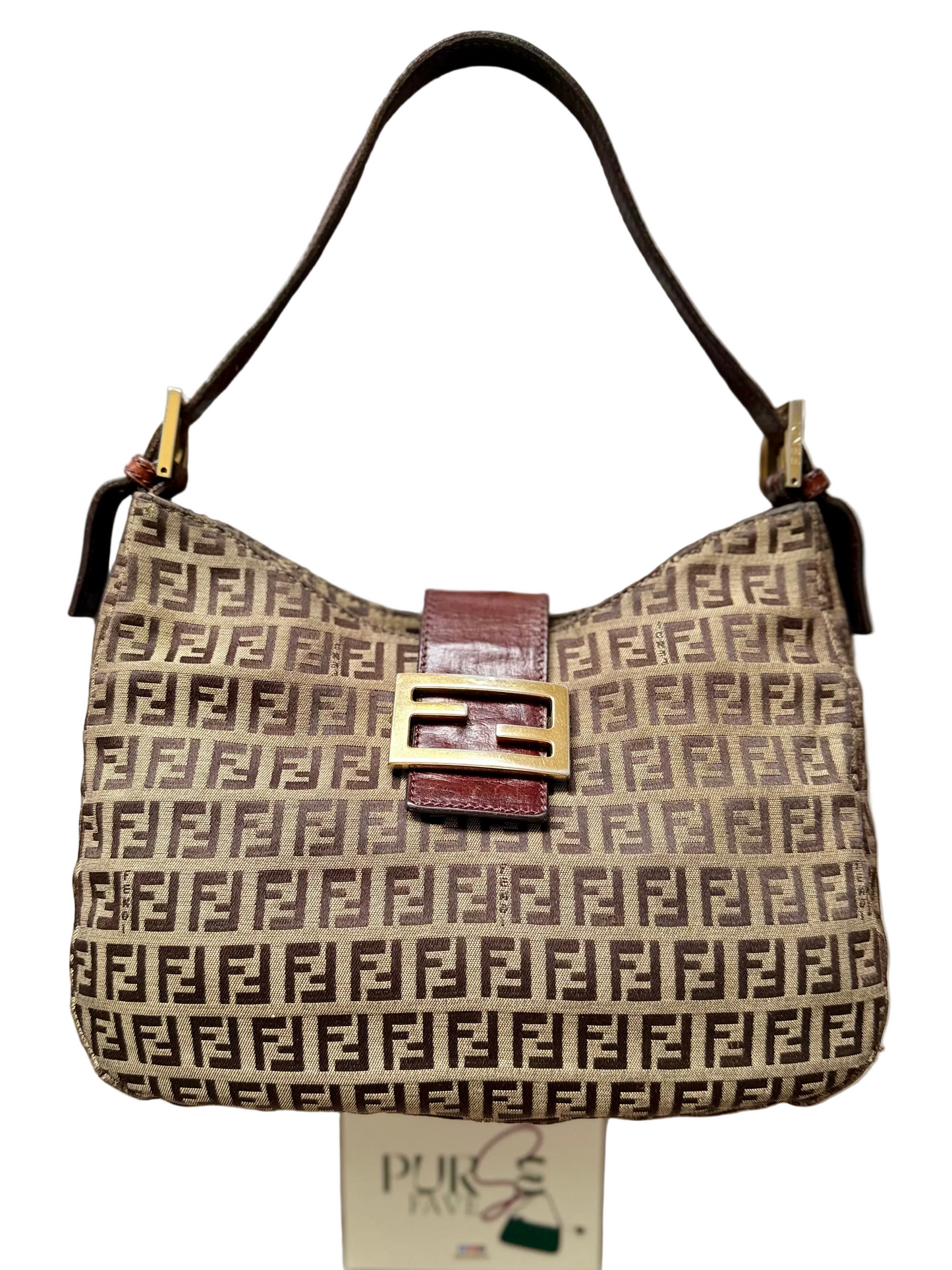Authentic FENDI Beige / Brown Zucchino Canvas Hobo Trimmed Mamma Baguette Shoulder Bag