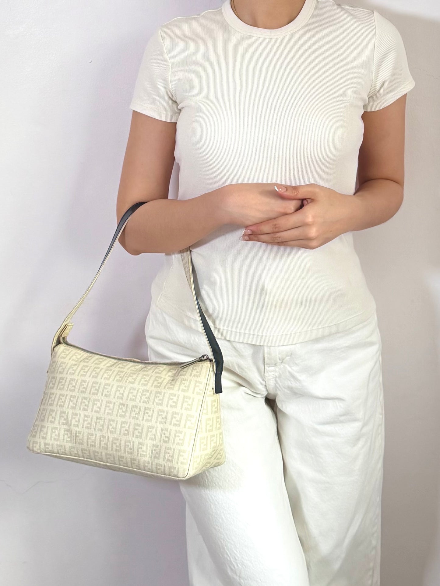 Authentic Vintage Fendi White Zucchino Coated Canvas East-West Shoulder Bag