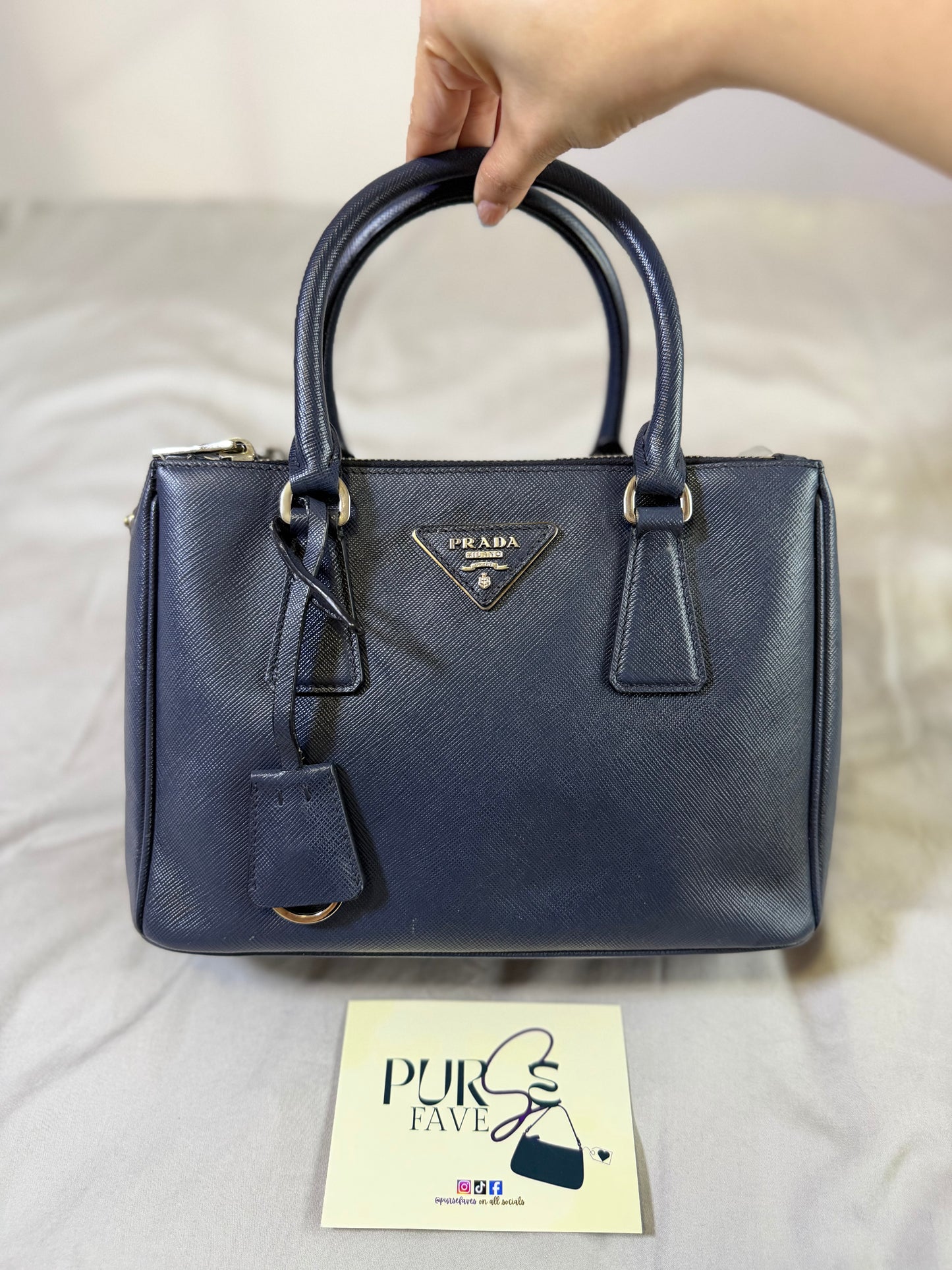 Authentic PRADA Saffiano Lux Galleria Navy Blue Mini Double Zip Tote Crossbody