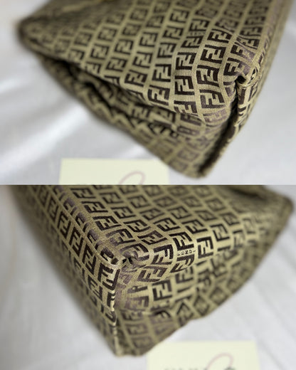 Authentic FENDI Beige / Brown Zucchino Canvas Accordion Large Shopper Tote Bag
