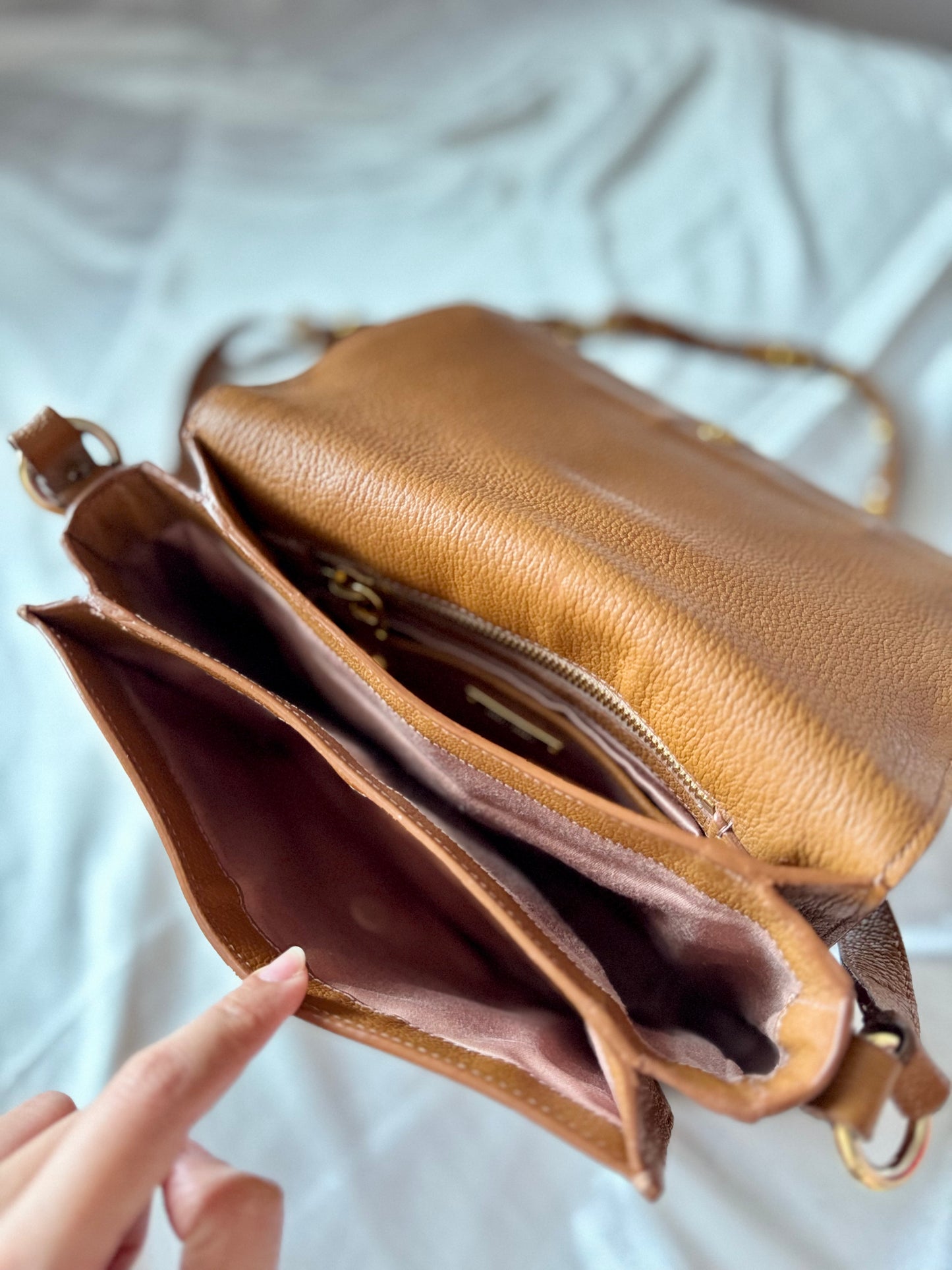 Authentic MIU MIU Madras Ribbon Camel Brown Leather Crystal Studs Embellished Shoulder Crossbody Bag