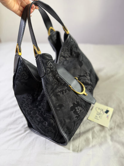 Authentic GUCCI Brocade Black Nubuck & Suede Soft Horsebit Stirrup Tote