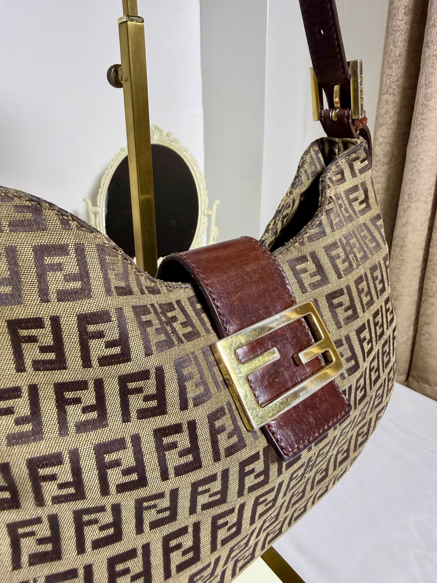 Authentic FENDI Beige / Brown Zucchino Canvas Hobo Trimmed Mamma Baguette Shoulder Bag