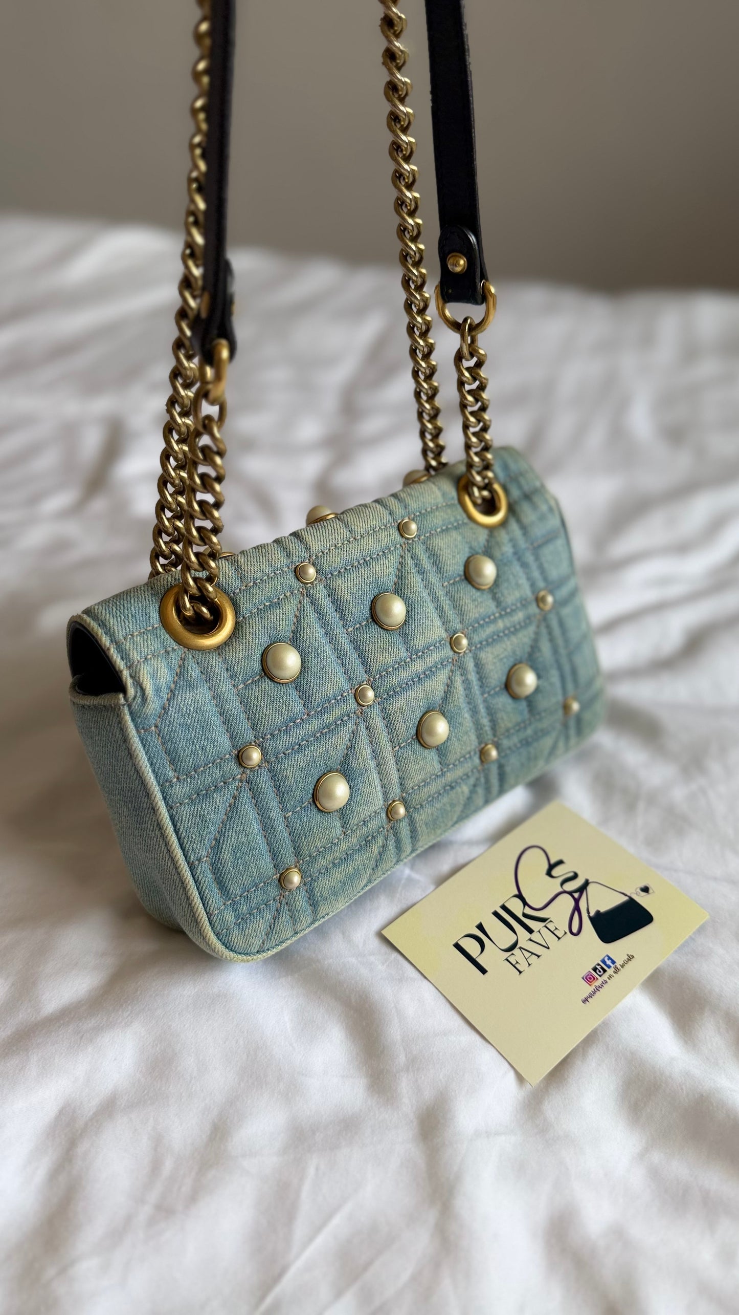Authentic Gucci GG Marmont Matelassé Pearl Studded Blue Denim Shoulder Crossbody Bag