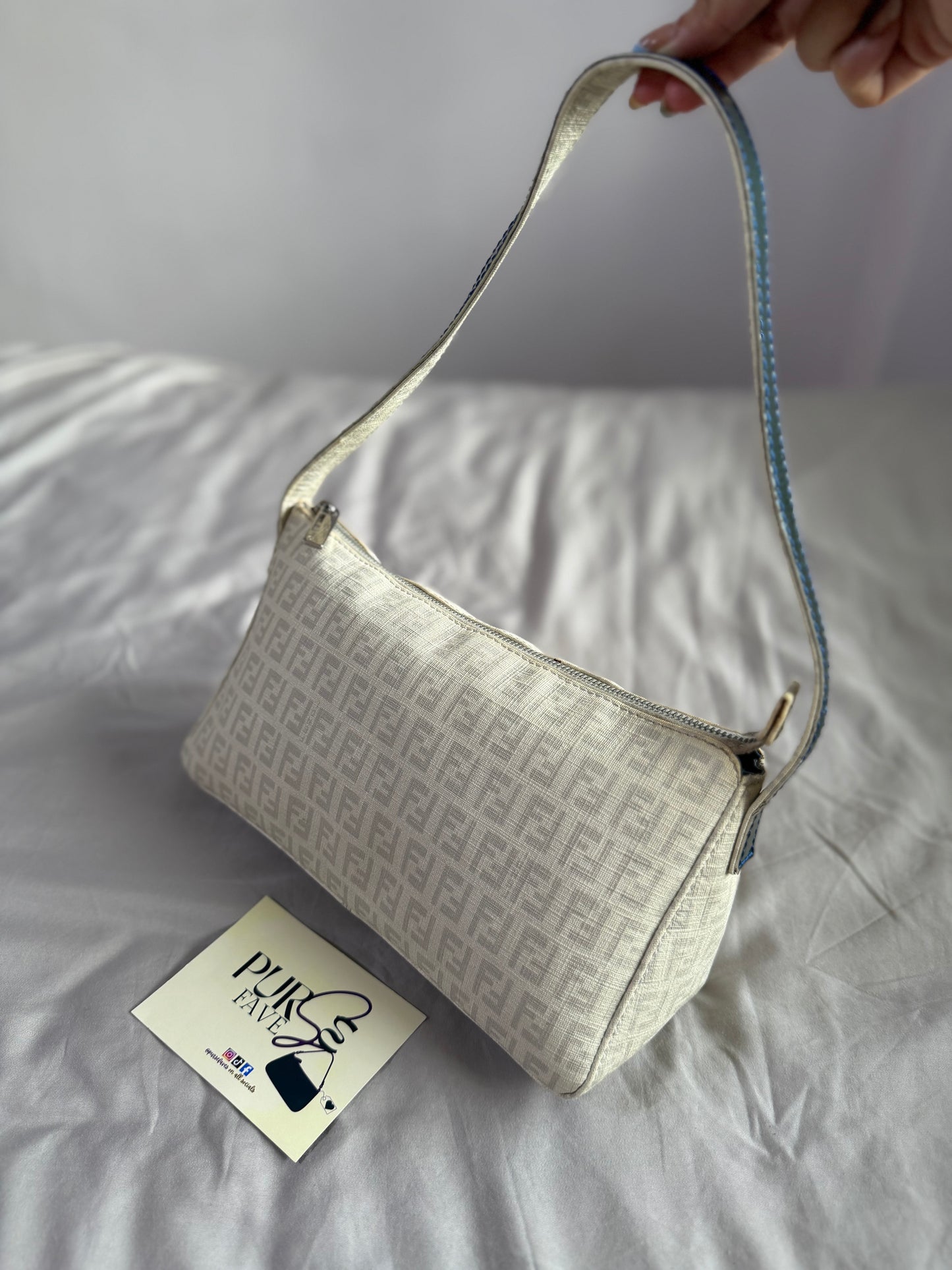 Authentic Vintage Fendi White Zucchino Coated Canvas East-West Shoulder Bag