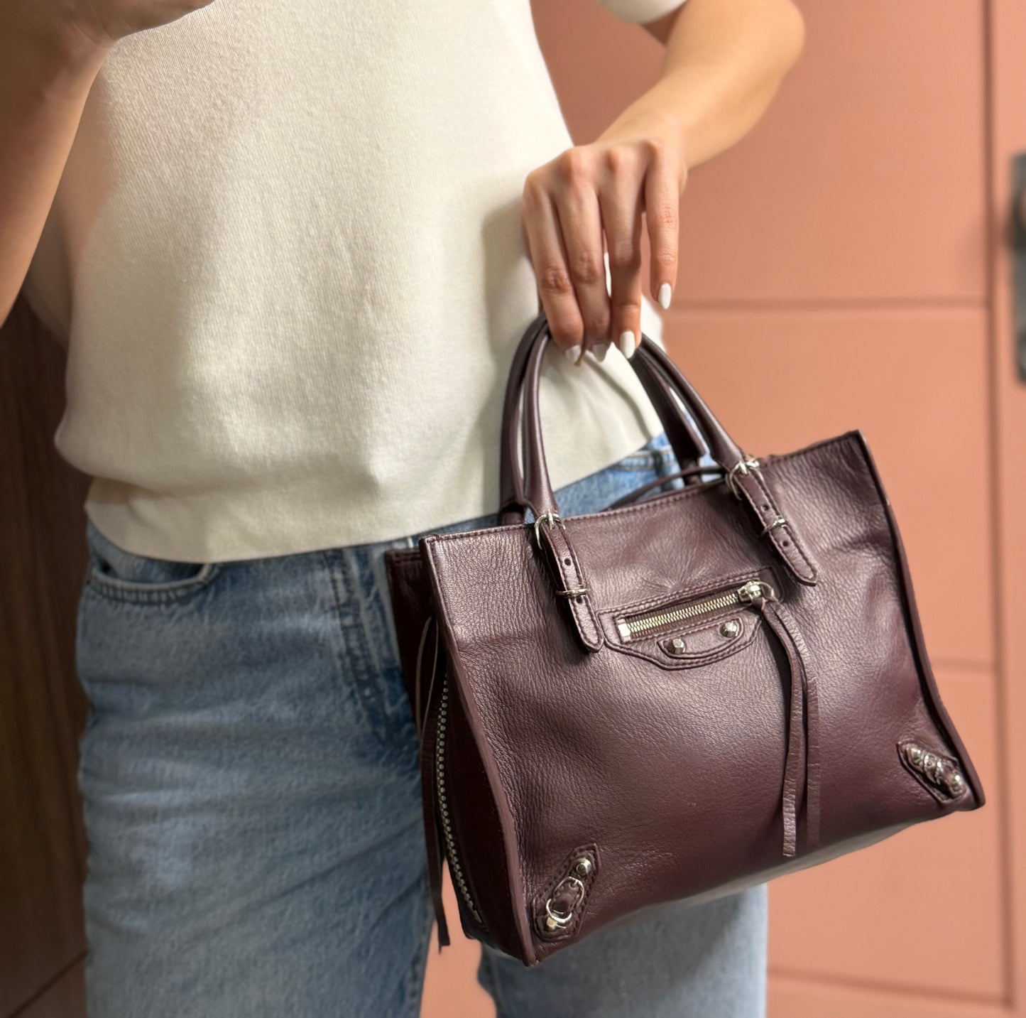 Authentic BALENCIAGA Burgundy Wine Calfskin Leather Mini Papier A4 Magnet Tote Bag
