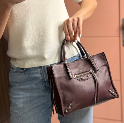 Authentic BALENCIAGA Burgundy Wine Calfskin Leather Mini Papier A4 Magnet Tote Bag