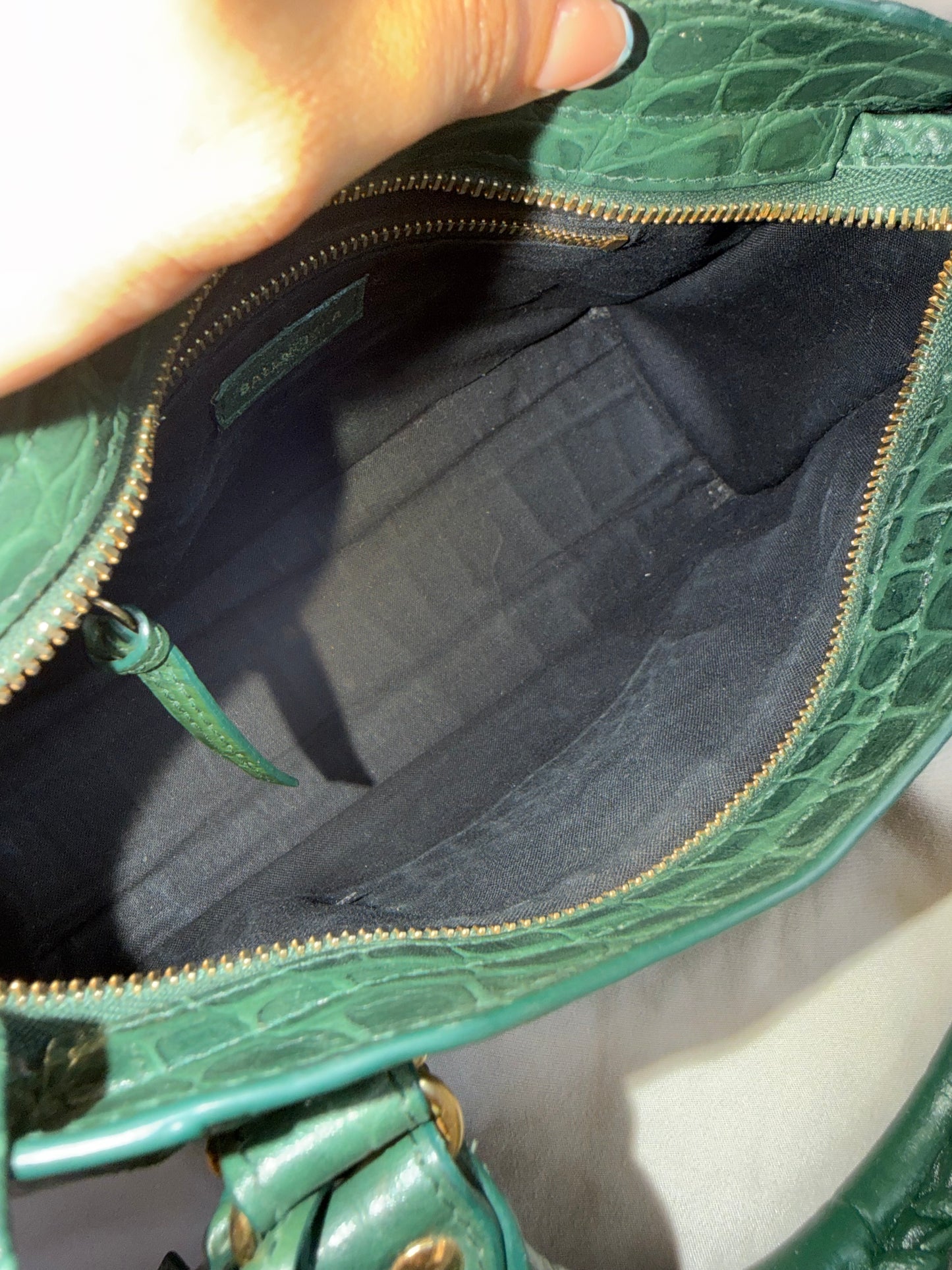 Authentic BALENCIAGA Green Croc-Embossed Leather Mini Classic Metallic Edge City Bag