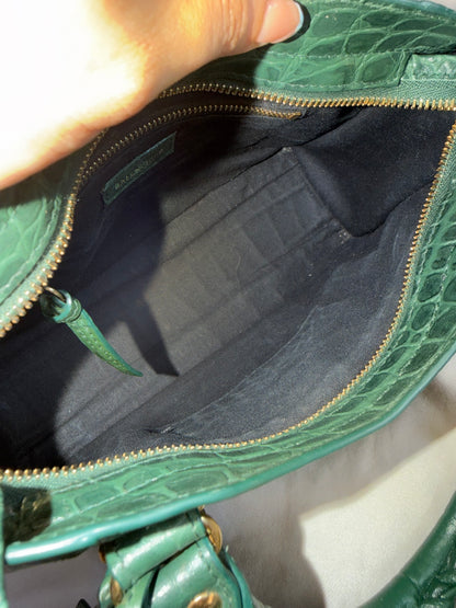 Authentic BALENCIAGA Green Croc-Embossed Leather Mini Classic Metallic Edge City Bag