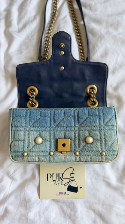 Authentic Gucci GG Marmont Matelassé Pearl Studded Blue Denim Shoulder Crossbody Bag