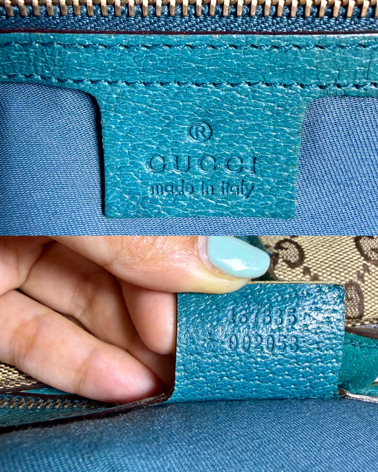 Authentic GUCCI Jackie 1961 Medium Beige GG Canvas x Teal Leather Trims Hobo Shoulder Bag