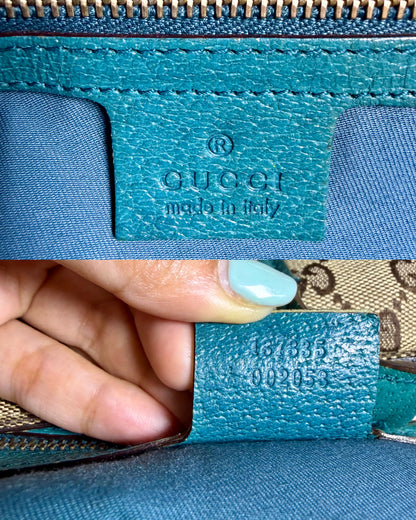 Authentic GUCCI Jackie 1961 Medium Beige GG Canvas x Teal Leather Trims Hobo Shoulder Bag