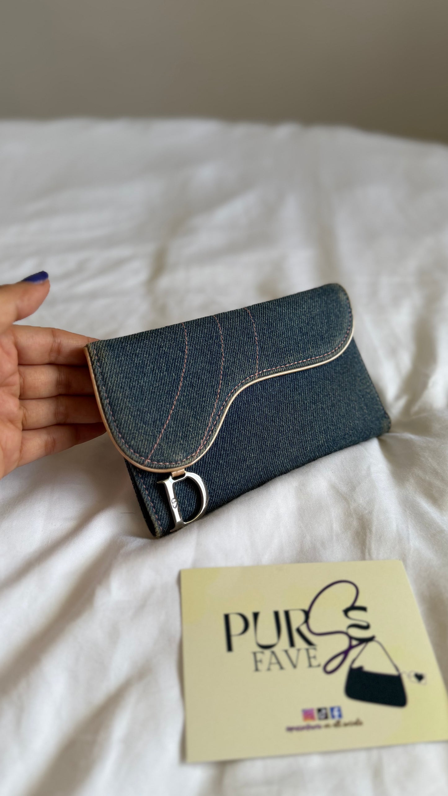 Authentic Vintage CHRISTIAN DIOR Blue Denim Saddle Trifold Wallet