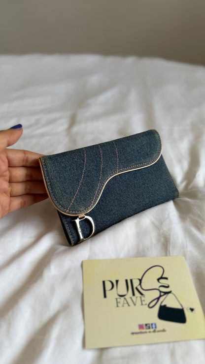 Authentic Vintage CHRISTIAN DIOR Blue Denim Saddle Trifold Wallet