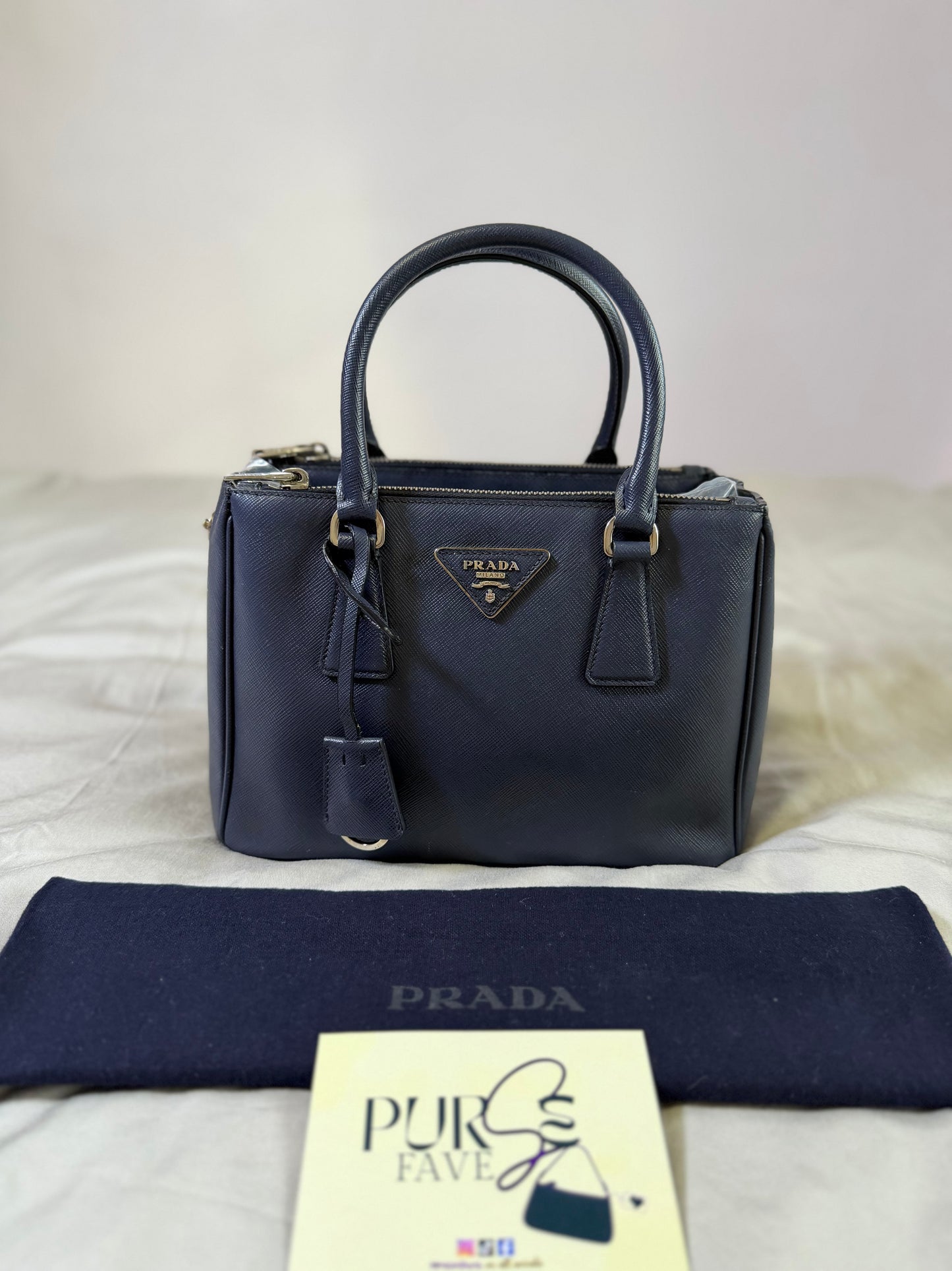 Authentic PRADA Saffiano Lux Galleria Navy Blue Mini Double Zip Tote Crossbody