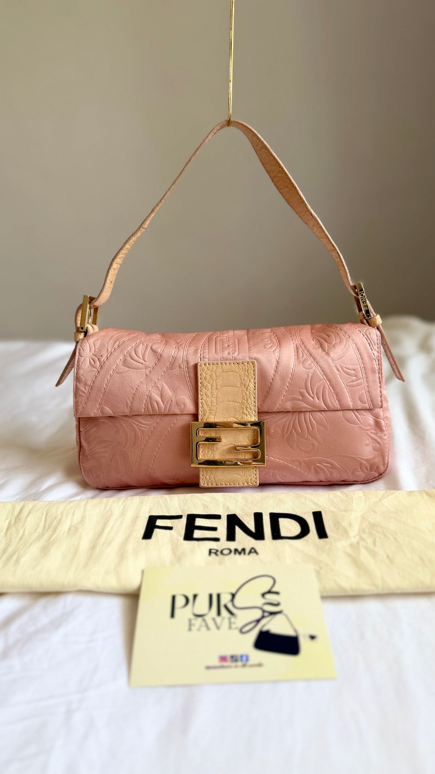 Authentic Vintage Fendi Baguette Pink Silk 3D Embossed Floral Swirl Pattern