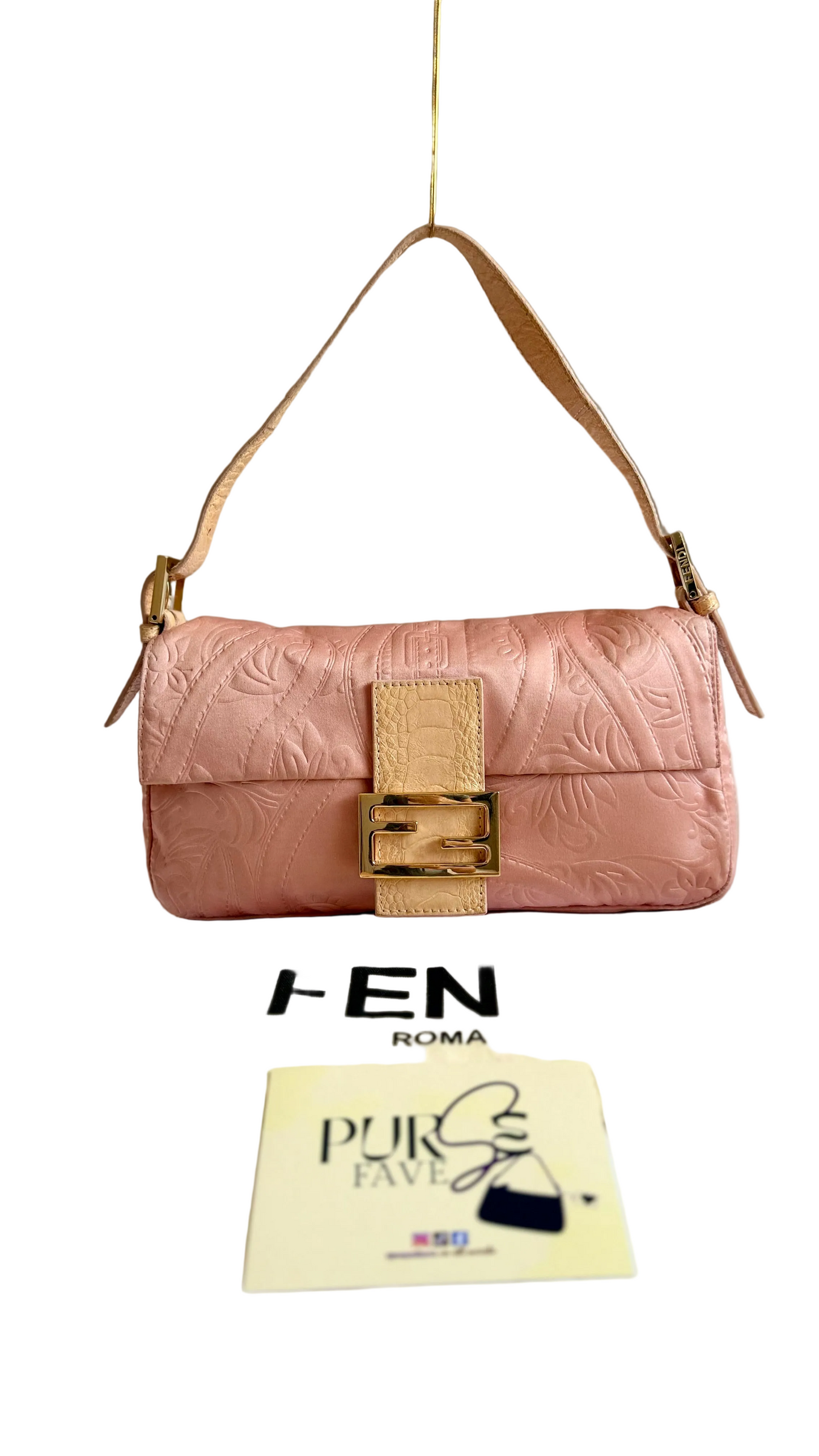 Authentic Vintage Fendi Baguette Pink Silk 3D Embossed Floral Swirl Pattern