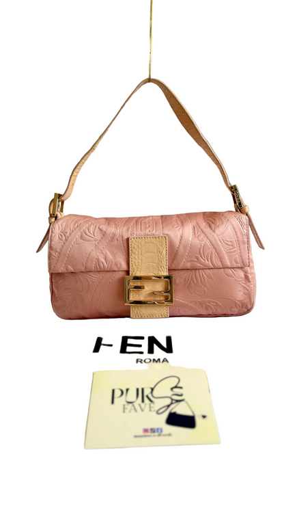 Authentic Vintage Fendi Baguette Pink Silk 3D Embossed Floral Swirl Pattern