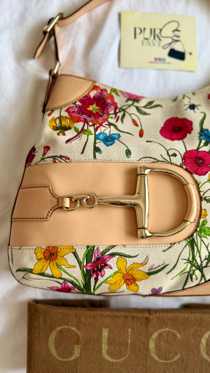Authentic Vintage GUCCI Hasler Horsebit Flora Canvas Hobo Shoulder Bag