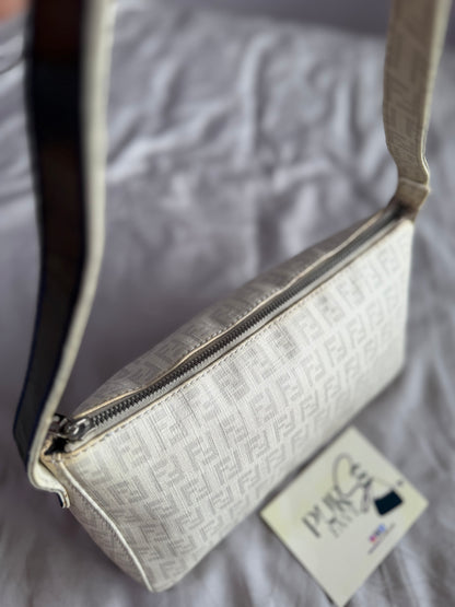 Authentic Vintage Fendi White Zucchino Coated Canvas East-West Shoulder Bag