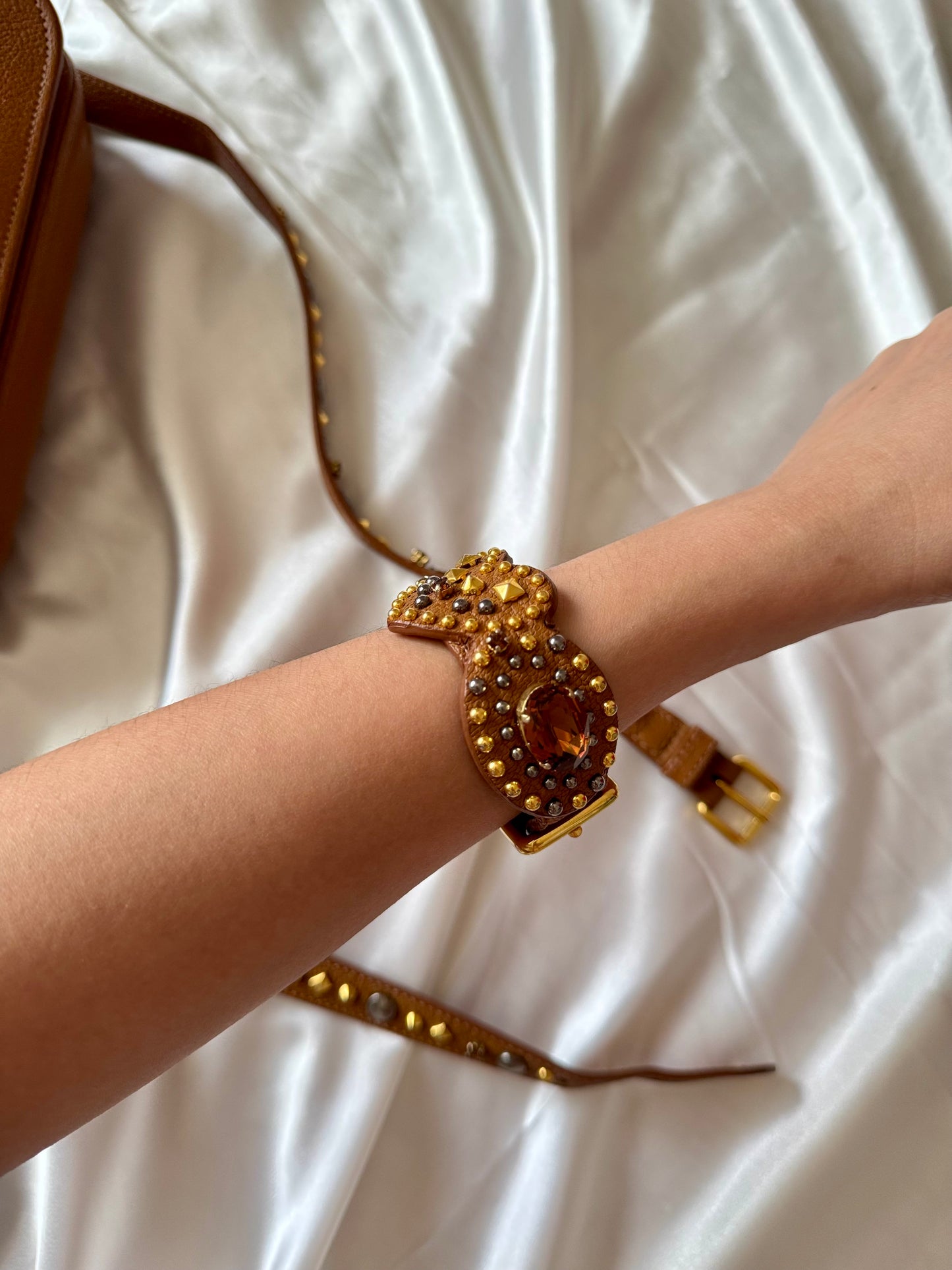 Authentic MIU MIU Madras Ribbon Camel Brown Leather Crystal Studs Embellished Shoulder Crossbody Bag