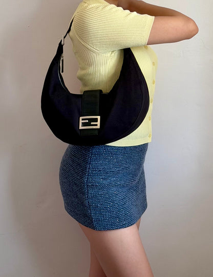 Authentic FENDI Half-Moon Croissant Black Neoprene Baguette Bag