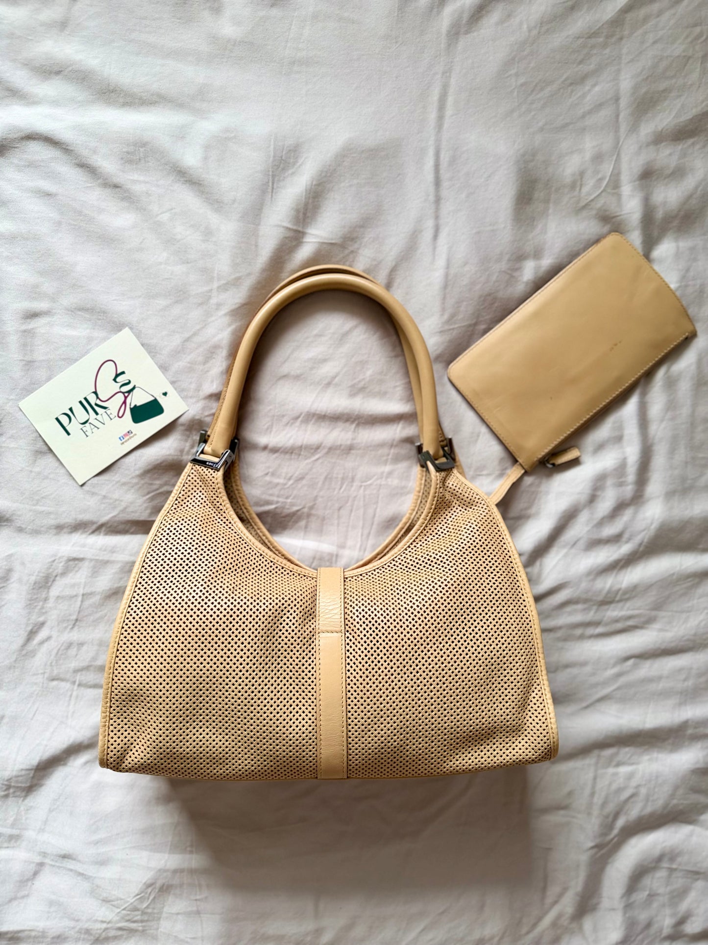 Authentic GUCCI Perforated Leather Jackie x Bardot Tan Hobo Shoulder Bag w/ Pouch (Rare/Limited)