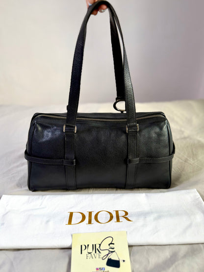Authentic CHRISTIAN DIOR Spellout D-Charm Black Leather Bowler Boston Shoulder Bag