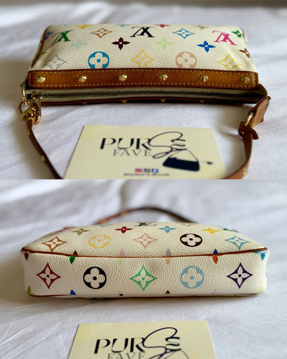 Authentic LOUIS VUITTON × TAKASHI MURAKAMI White Multicolor Pochette Shoulder Bag