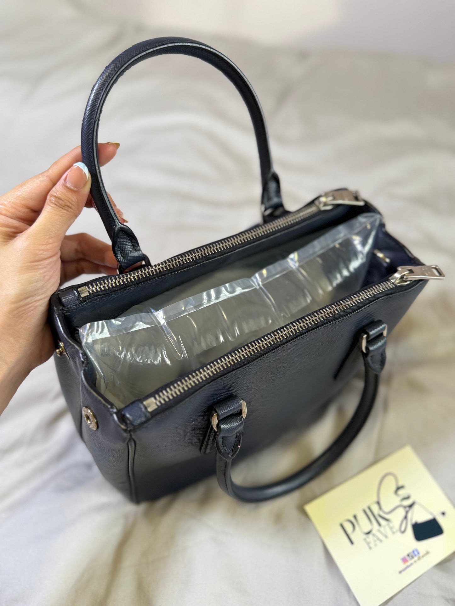 Authentic PRADA Saffiano Lux Galleria Navy Blue Mini Double Zip Tote Crossbody