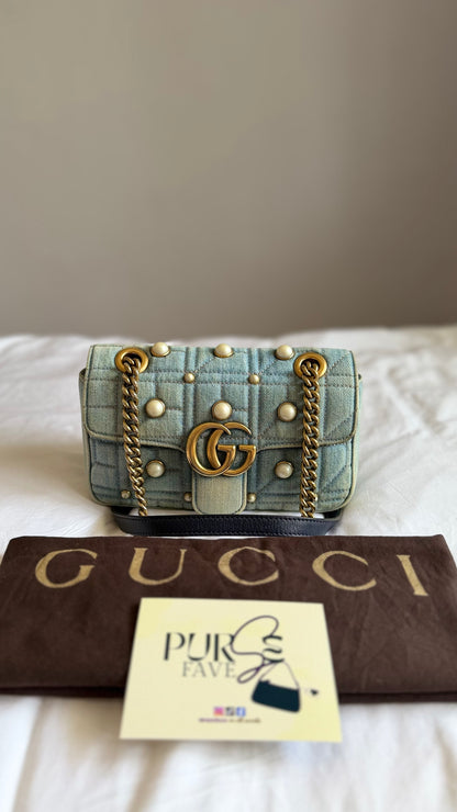 Authentic Gucci GG Marmont Matelassé Pearl Studded Blue Denim Shoulder Crossbody Bag