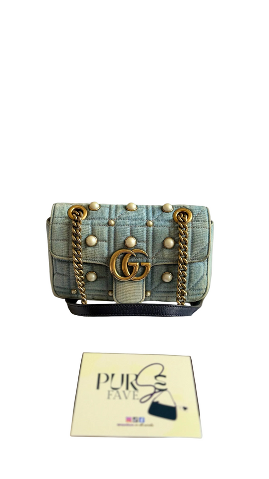 Authentic Gucci GG Marmont Matelassé Pearl Studded Blue Denim Shoulder Crossbody Bag