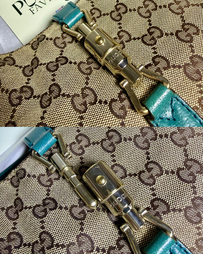 Authentic GUCCI Jackie 1961 Medium Beige GG Canvas x Teal Leather Trims Hobo Shoulder Bag