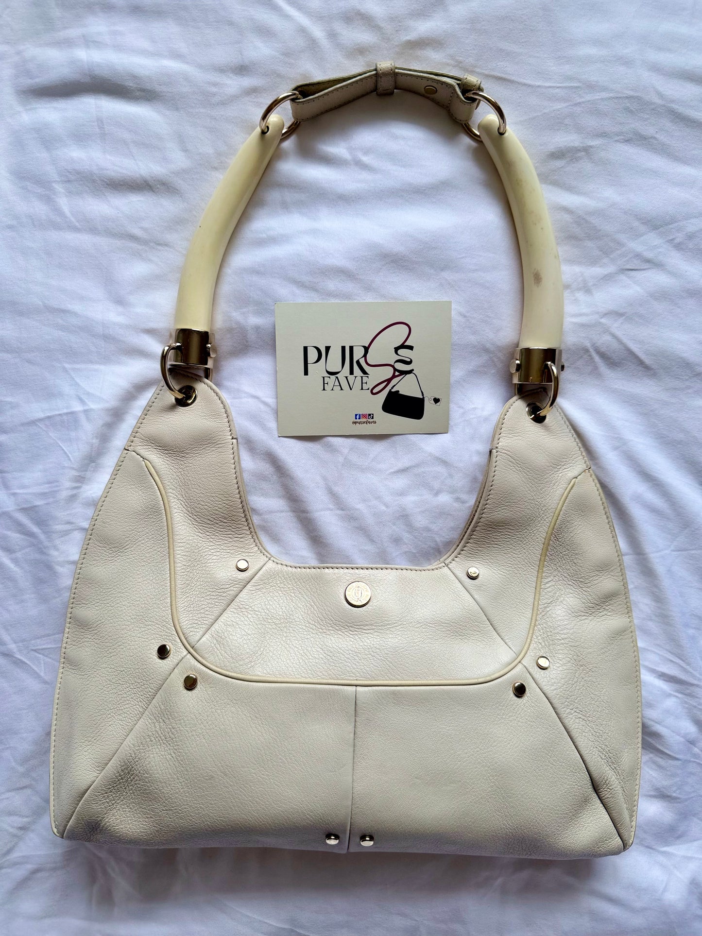 Authentic YVES SAINT LAURENT Mombasa Double Horn Cream Leather Shoulder Bag