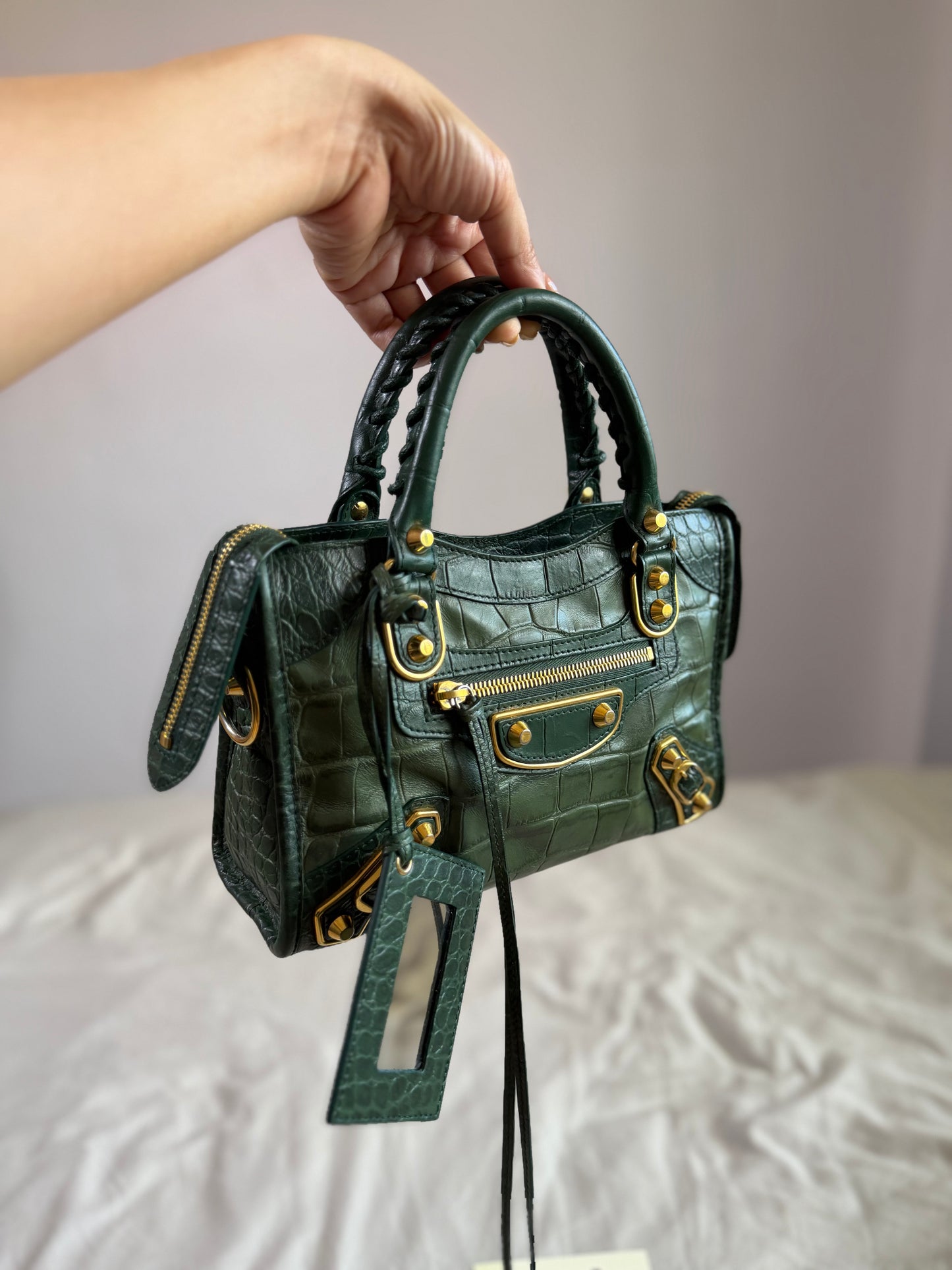 Authentic BALENCIAGA Green Croc-Embossed Leather Mini Classic Metallic Edge City Bag