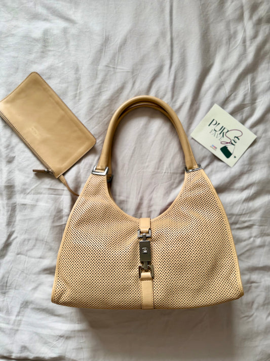 Authentic GUCCI Perforated Leather Jackie x Bardot Tan Hobo Shoulder Bag w/ Pouch (Rare/Limited)