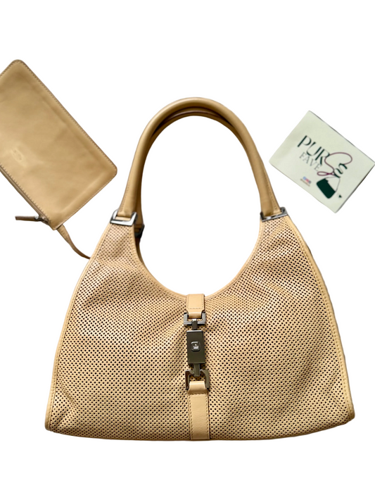 Authentic GUCCI Perforated Leather Jackie x Bardot Tan Hobo Shoulder Bag w/ Pouch (Rare/Limited)