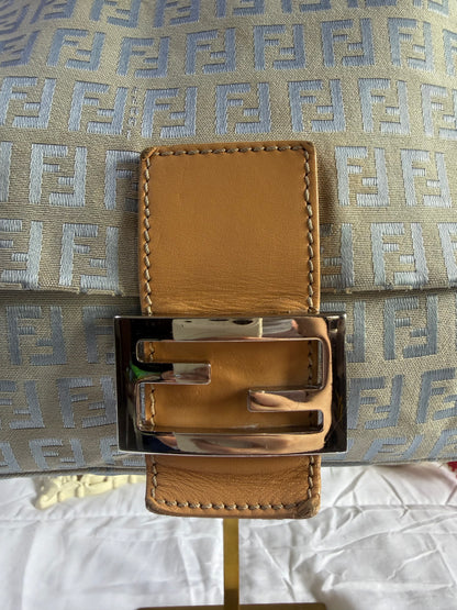 Authentic Vintage Fendi Light Blue Zucchino Canvas Mamma Baguette Shoulder Bag