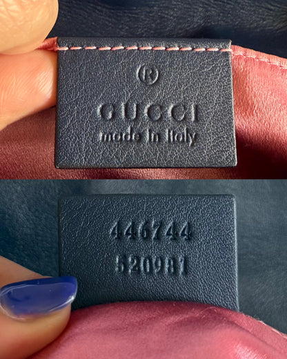 Authentic Gucci GG Marmont Matelassé Pearl Studded Blue Denim Shoulder Crossbody Bag