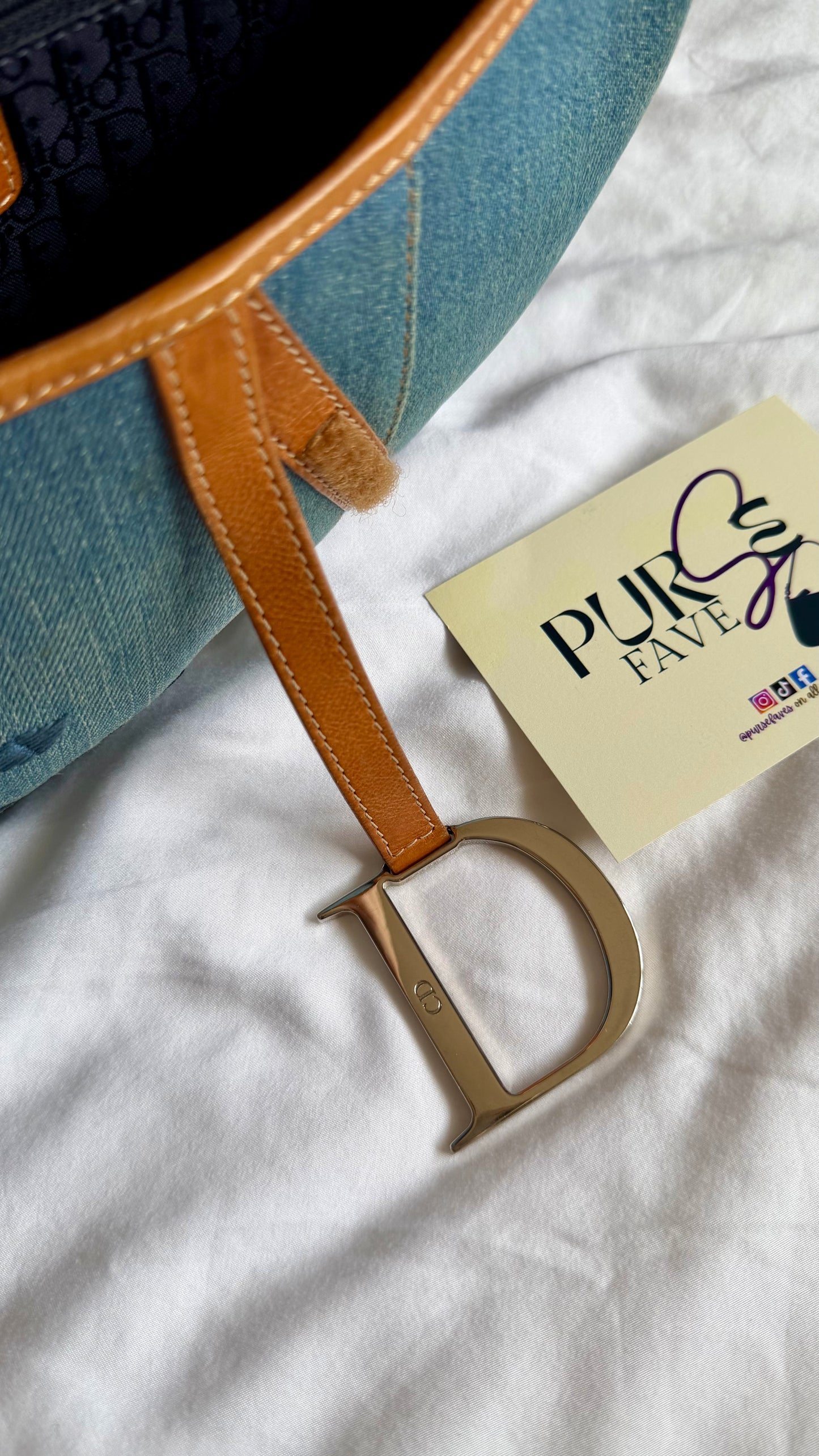 Authentic Vintage Christian Dior Light Blue Denim Saddle Shoulder Bag w/ Embroidered Floral & Butterfly Motifs